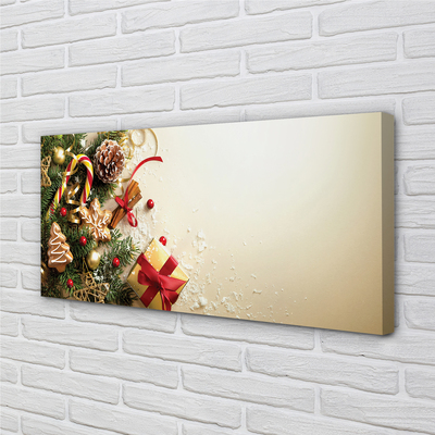 Quadro em tela Galhos, presentes, pinhas, pão de gengibre