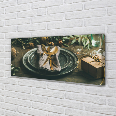 Quadro em tela Prato, talheres, enfeites, presentes