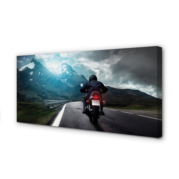 Quadro em tela Motocicleta montanhas estrada homem céu