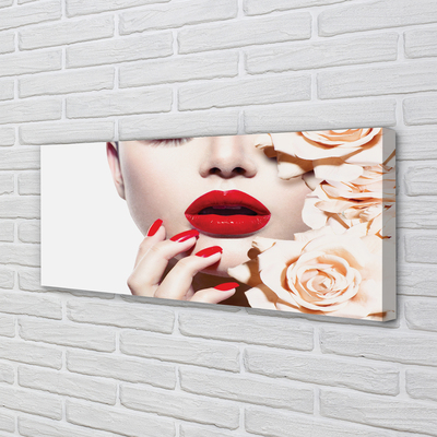 Pintura em tela Mulher rosas lábios vermelhos