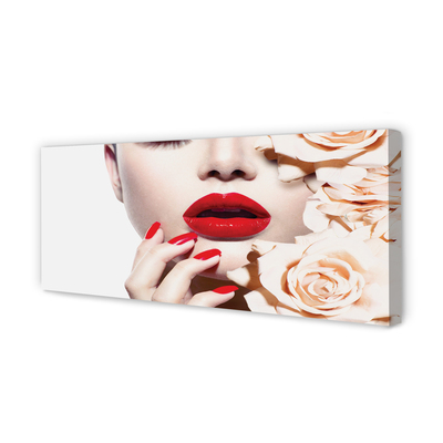 Pintura em tela Mulher rosas lábios vermelhos