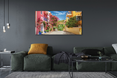 Pintura em tela Grécia Flores edifícios montanha