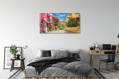 Pintura em tela Grécia Flores edifícios montanha