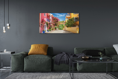 Pintura em tela Grécia Flores edifícios montanha