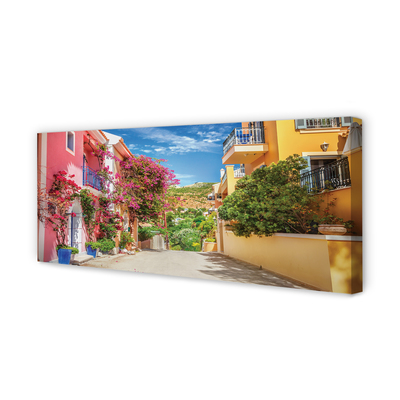 Pintura em tela Grécia Flores edifícios montanha