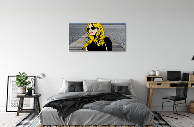 Pintura em tela Mulher óculos pretos lábios vermelhos