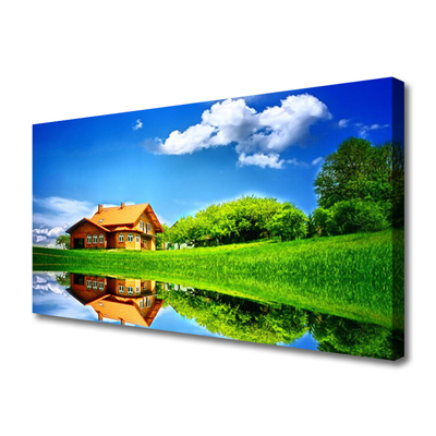 Quadro canvas Casa Lago Grama Natureza