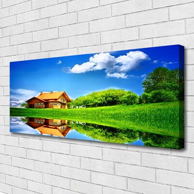 Quadro canvas Casa Lago Grama Natureza