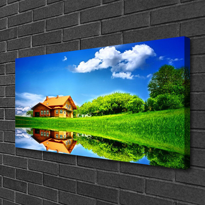 Quadro canvas Casa Lago Grama Natureza