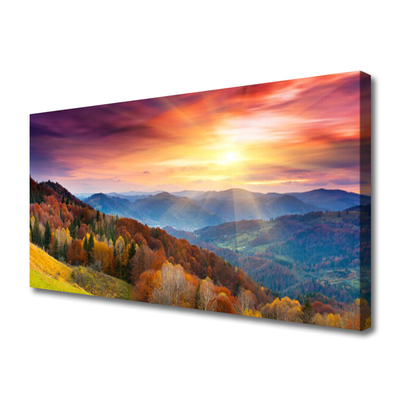 Quadro em tela Paisagem de montanha, floresta e sol