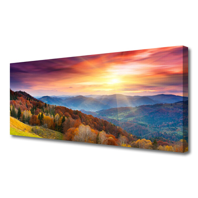 Quadro em tela Paisagem de montanha, floresta e sol
