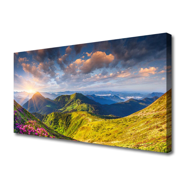 Quadro em tela Paisagem de prados de sol e montanhas