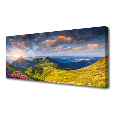 Quadro em tela Paisagem de prados de sol e montanhas