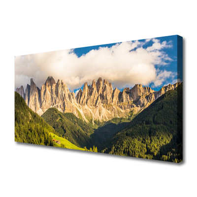 Quadro canvas Picos de montanhas Nuvens Florestas Prados