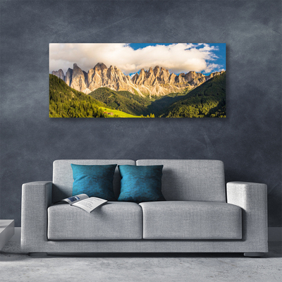 Quadro canvas Picos de montanhas Nuvens Florestas Prados