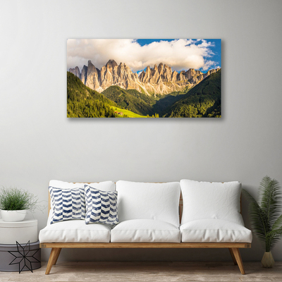 Quadro canvas Picos de montanhas Nuvens Florestas Prados