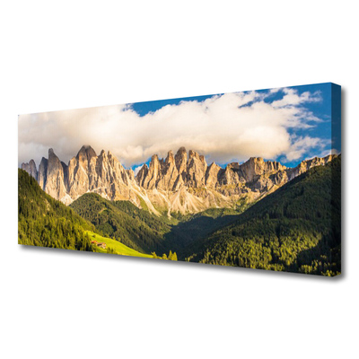 Quadro canvas Picos de montanhas Nuvens Florestas Prados