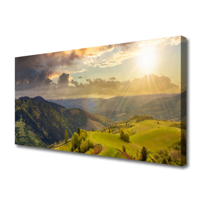 Quadro em tela Pôr do sol no prado das montanhas