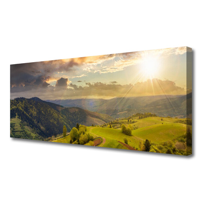 Quadro em tela Pôr do sol no prado das montanhas