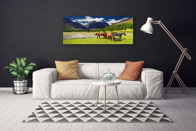 Quadro canvas Montanhas Árvores Cavalos Animais