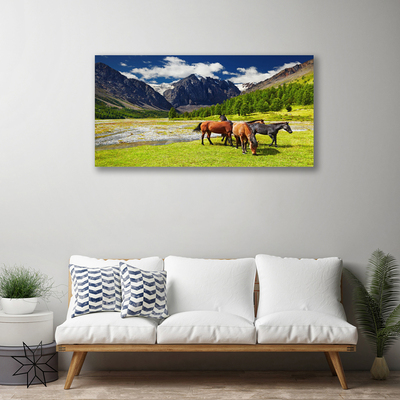 Quadro canvas Montanhas Árvores Cavalos Animais