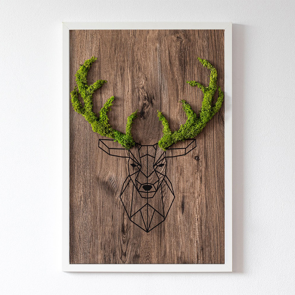 Quadro de musgo Cabeça de veado em um fundo de madeira