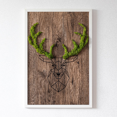 Quadro de musgo Cabeça de veado em um fundo de madeira
