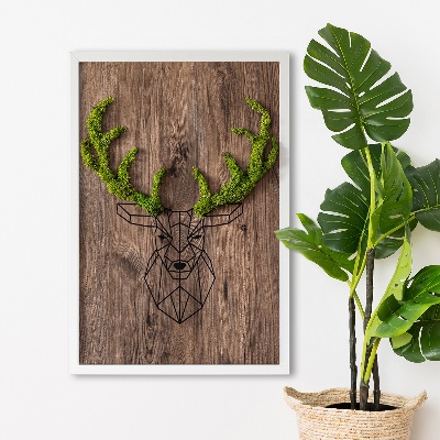 Quadro de musgo Cabeça de veado em um fundo de madeira