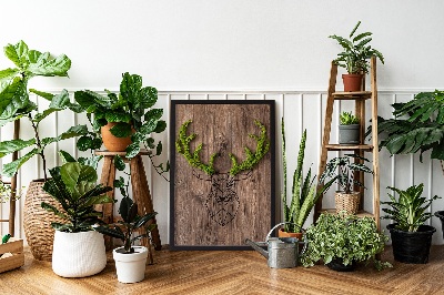 Quadro de musgo Cabeça de veado em um fundo de madeira