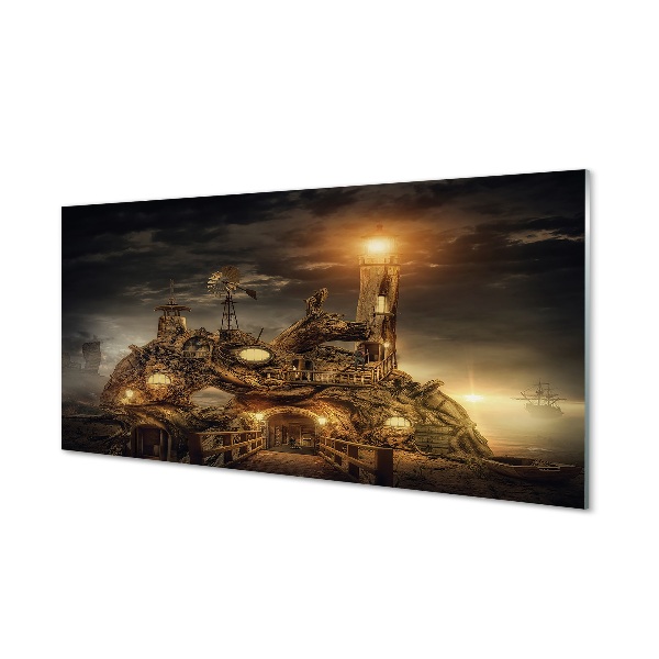 Pintura em vidro Nuvens de navio farol