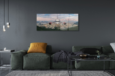 Pintura em vidro avião cidade montanhas