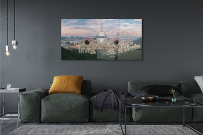 Pintura em vidro avião cidade montanhas