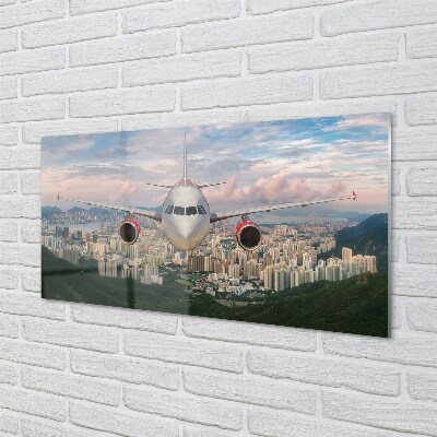 Pintura em vidro avião cidade montanhas