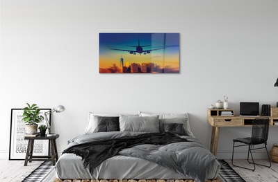 Quadro de vidro Cidade nuvens avião pôr do sol