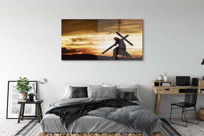 Pintura em vidro Jesus cruz pôr do sol