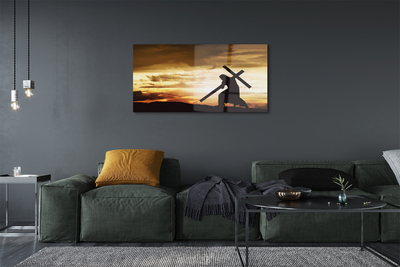 Pintura em vidro Jesus cruz pôr do sol