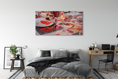 Quadro de vidro Copos de jantar com pétalas de rosa e corações