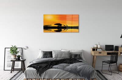 Quadro de vidro Girafas pôr do sol árvore lago