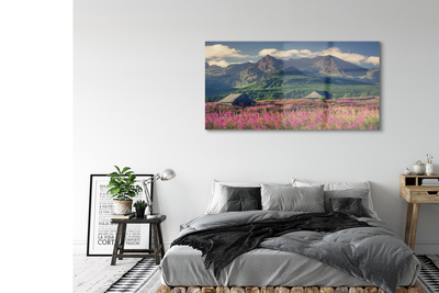 Pintura em vidro Montanhas, campos, casas