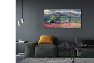 Pintura em vidro Montanhas, campos, casas