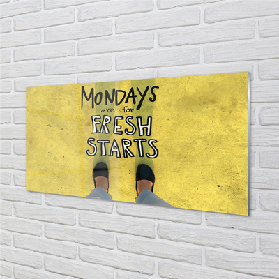 Quadro de vidro Inscrição de fundo amarelo com pernas