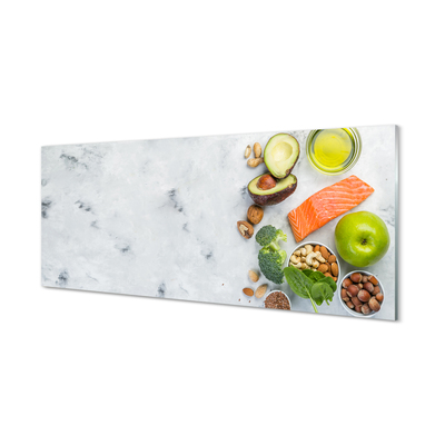 Quadro de vidro Salmão, azeite, maçã, nozes