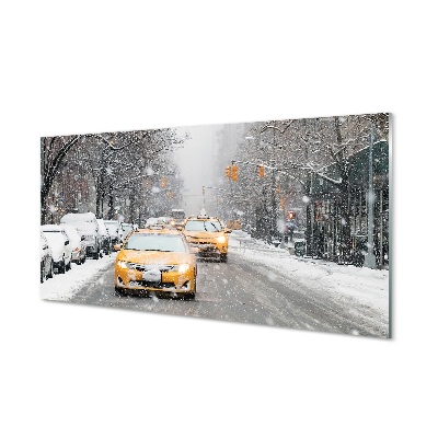 Pintura em vidro Carros de inverno, cidade de neve