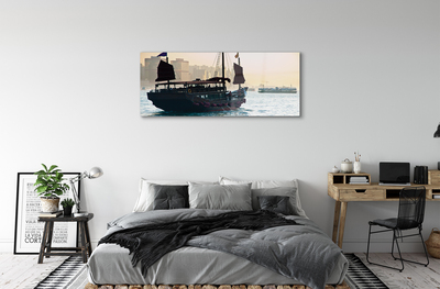 Pintura em vidro Navio mar cidade céu