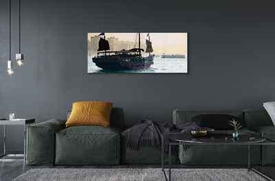 Pintura em vidro Navio mar cidade céu