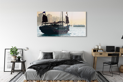 Pintura em vidro Navio mar cidade céu