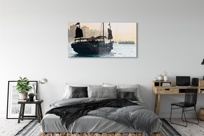 Pintura em vidro Navio mar cidade céu