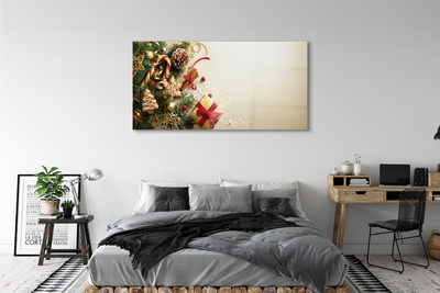 Pintura em vidro Galhos, presentes, pinhas, pão de gengibre