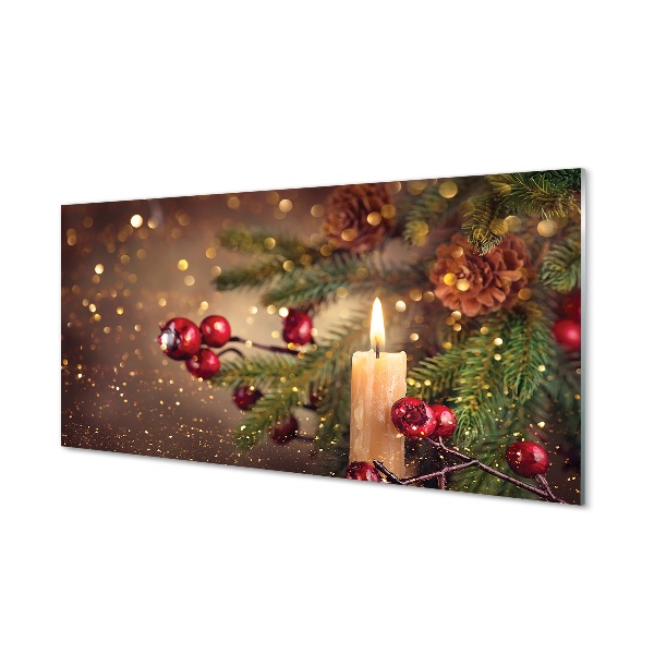 Quadro de vidro Vela, galhos, enfeites, pinhas