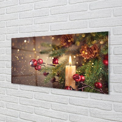 Quadro de vidro Vela, galhos, enfeites, pinhas